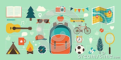 Summer camp, vacations and childhood icons Vector Illustration