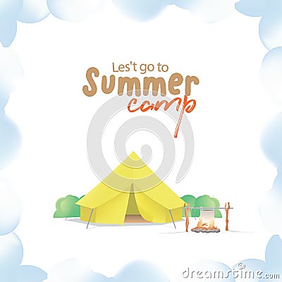 Summer Camp with the yellow camp and campfire on smoke frame ill Vector Illustration