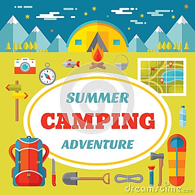 Summer camping adventure - creative vector banner in flat style Vector Illustration