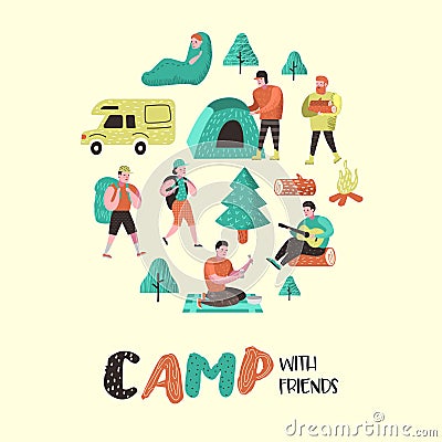 Summer Camping. Cartoon Characters People in Camp. Travel Equipment, Campfire, Outdoor Activities Vector Illustration