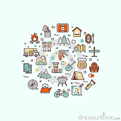 Summer camping, climbing, trekking, hiking, mountaineering, extreme sports, outdoor vector concept with line icons Vector Illustration