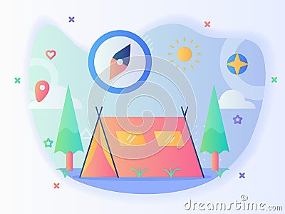 Summer camping concept tent tree compass sun with flat style Vector Illustration
