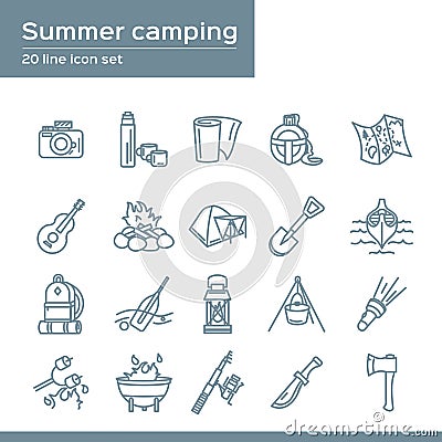 Summer camping 20 line icons set. Vector icon graphic for travel tourism Vacation: thermos, camera, flask, map, paper, guitar Vector Illustration