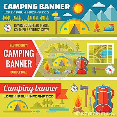 Summer camping - mountain expedition adventures - vector decorative banners set in flat style design trend Vector Illustration