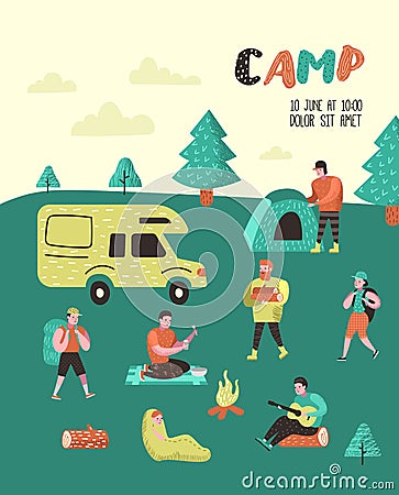 Summer Camping Poster, Banner. Cartoon Characters People in Camp Placard, Invitation, Background. Travel Equipment Vector Illustration