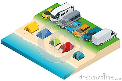 Summer Camping and tent near a river or lake. Flat 3d vector isometric illustration. Vacation and holiday concept. Vector Illustration