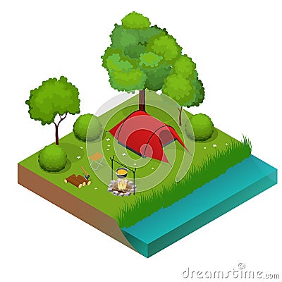 Summer Camping and tent near a river or lake. Flat 3d vector isometric illustration. Vacation and holiday concept. Vector Illustration