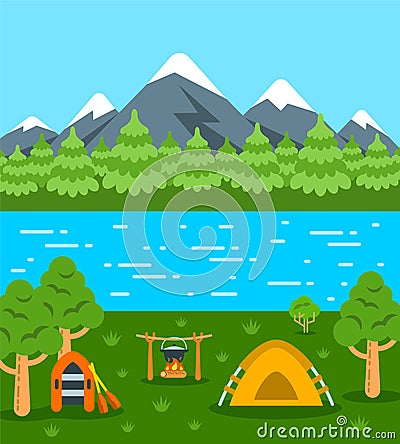 Summer camping tourism flat background Vector Illustration