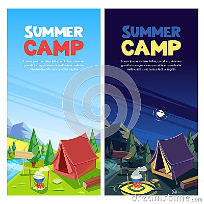 Summer camping vector banner, poster design template. Adventures, travel and eco tourism concept. Touristic camp tent Vector Illustration