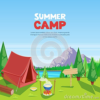 Summer camping vector cartoon illustration. Adventures, travel and eco tourism concept. Touristic camp tent on meadow. Vector Illustration