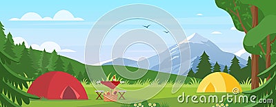 Summer camping vector illustration. Cartoon flat tourist camp with picnic spot and tent among forest, mountain landscape Vector Illustration