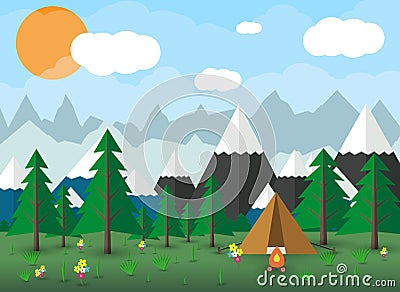 Summer Campsite with a campfire Vector Illustration