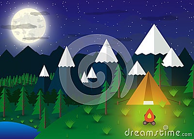 Summer Campsite with a campfire Vector Illustration