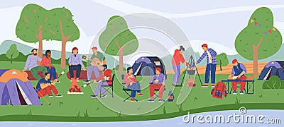 Summer campsite with people traveling as campers, flat vector illustration. Vector Illustration