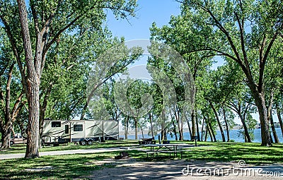 Campsite at Lake in Summer Stock Photo