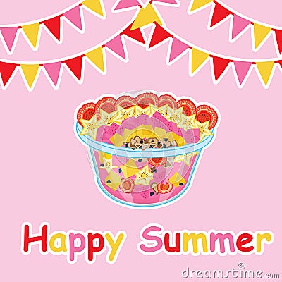 Summer card with fruit salad and colorful flag Vector Illustration