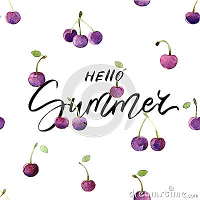 Summer card with hand drawn lettering and watercolor cherries - Hello summer. Vector Illustration