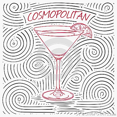 Summer Card With The Lettering - Cosmopolitan. Handwritten Swirl Pattern With Cocktail In Glass. Vector Illustration