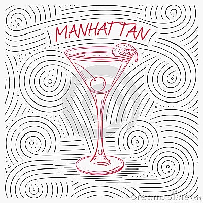 Summer Card With The Lettering - Manhattan. Handwritten Swirl Pattern With Cocktail In Glass. Vector Illustration