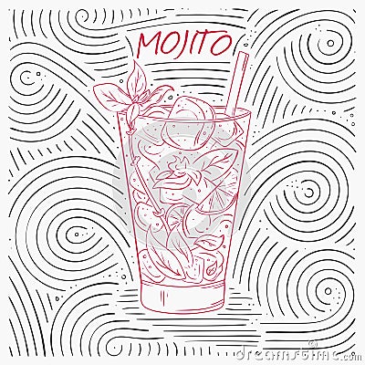 Summer Card With The Lettering - Mojito. Handwritten Swirl Pattern With Cocktail In Glass. Vector Illustration