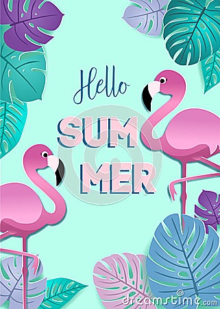 Summer card with paper flamingos and stylized tropical leaves. Vector design for banner, flyer, invitation, poster. Vector Illustration