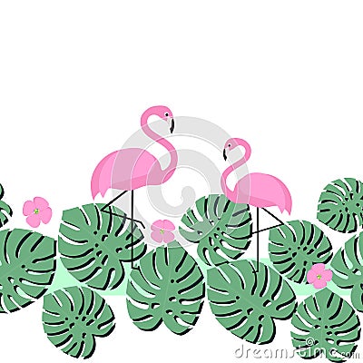 Summer card with tropical palm leaves and flamingo. Seamless tape design. Vector Illustration