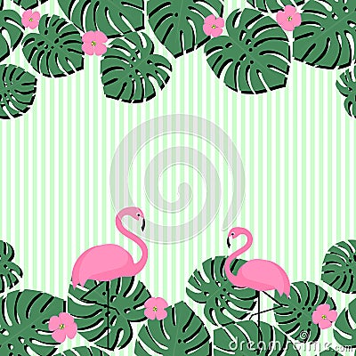 Summer card with tropical palm leaves and flamingo on stripped background. Summer design with space for text. Vector Illustration