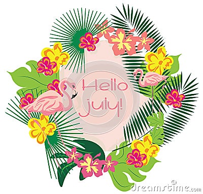 Summer Card wreath with flamingo Vector Illustration