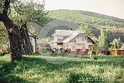 Carpathian mountain valley near the village with a view on the h Stock Photo