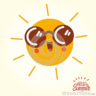 Summer cartoon sun face with sunglasses and happy smile Vector Illustration