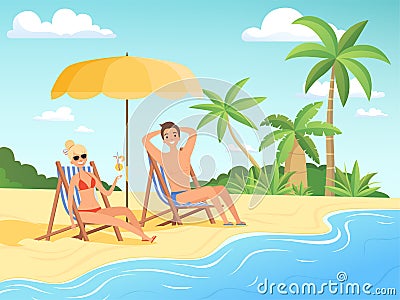 Summer characters. Male and female person have a rest on the beach cartoon seaside background summer vacation vector Vector Illustration