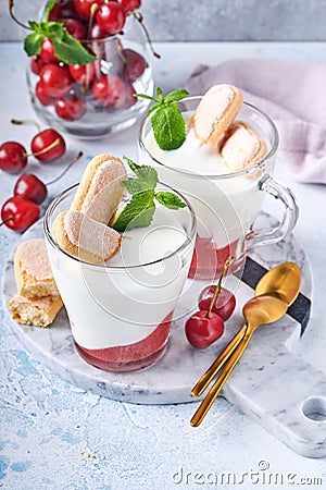 Summer cherry puff pastry with savoiardi cookies and cream cheese in glass on light grey background. Traditional tiramisu cake wit Stock Photo