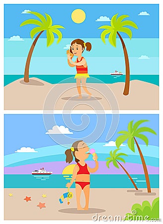 Summertime Children on Holidays, Summer Beach Vector Illustration