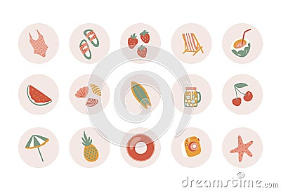 Summer circle stickers with fruits, drinks, swimsuit and beach umbrella. Vector Illustration