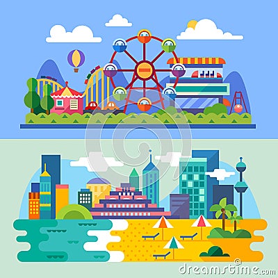 Summer city beach, amusement park landscapes Vector Illustration