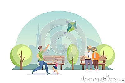 Summer, city park of rest, entertainments. Joint rest, days off. Vector Illustration