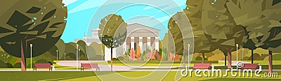 Summer City Park With Town Building Background Green Trees And Wooden Bench Vector Illustration