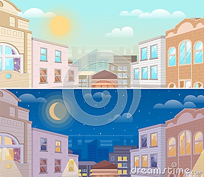 Summer cityscape day and night versions. Set of urban landscapes with sun and moon over buildings Vector Illustration