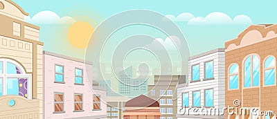 Summer cityscape day versions. Set of urban landscapes with sun and moon over buildings Vector Illustration