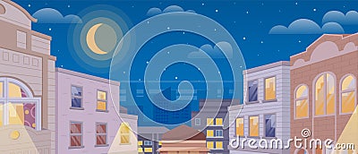 Summer cityscape night versions. Set of urban landscapes with sun and moon over buildings Vector Illustration