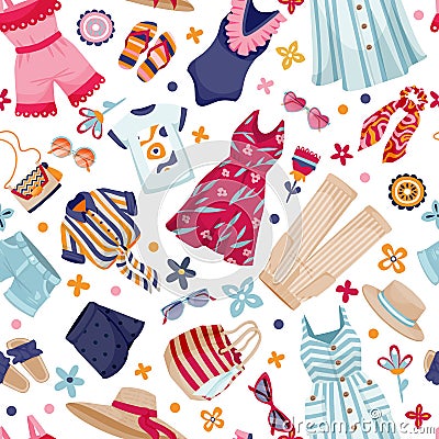 Summer clothes collection vector seamless pattern. Femininity color fashion apparel and accessories on white background Vector Illustration