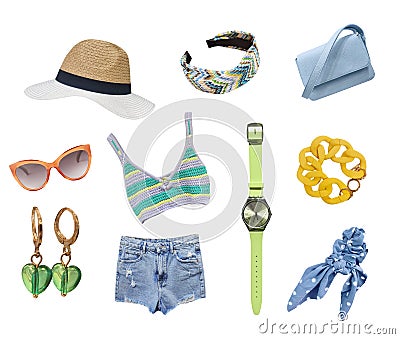 Summer clothes set isolated. Women`s apparel. Collection of beach clothing Stock Photo