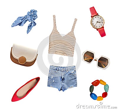 Summer clothes set isolated. Women`s apparel. Collection of clothing and accessories. Lady`s outfit Stock Photo