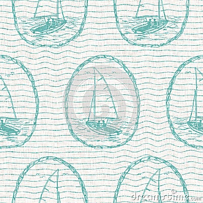 Aegean teal sailboat linen nautical seamless background with wave texture. Summer coastal living style home decor Stock Photo