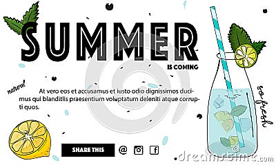 Summer cocktail banner. Tropical mint fresh drink. Cold juicy water in glass with lemon and ice . Freshness liquor Vector Illustration