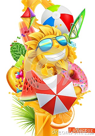 Summer cocktail 3d vector. Splash of juice and tropical fruits Vector Illustration