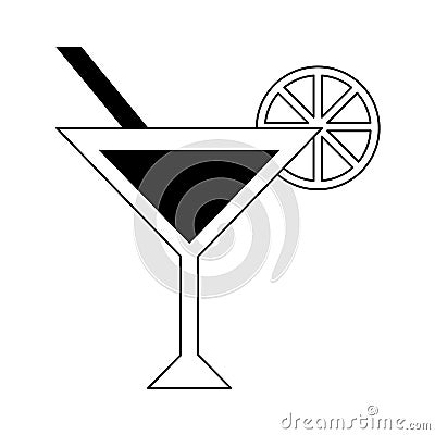 Summer cocktail with orange ans straw cup black and white Vector Illustration