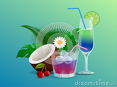 Summer cocktails decorated with flowers, cherries, tropical leaves, coconut, lime, and straws vector cartoon Vector Illustration