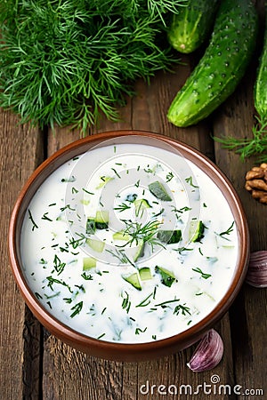 Summer cold soup with cucumbers Stock Photo