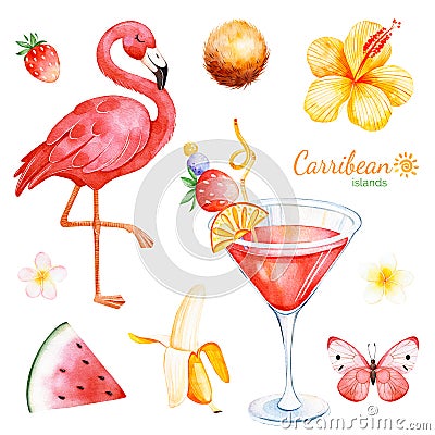 Summer collection with exotic fruits, flamingo Stock Photo